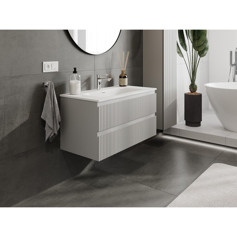 Mexen Rivel armoire de salle de bain 90 cm avec lavabo Vela, 2 tiroirs, rainurée, gris mat/blanc mat
