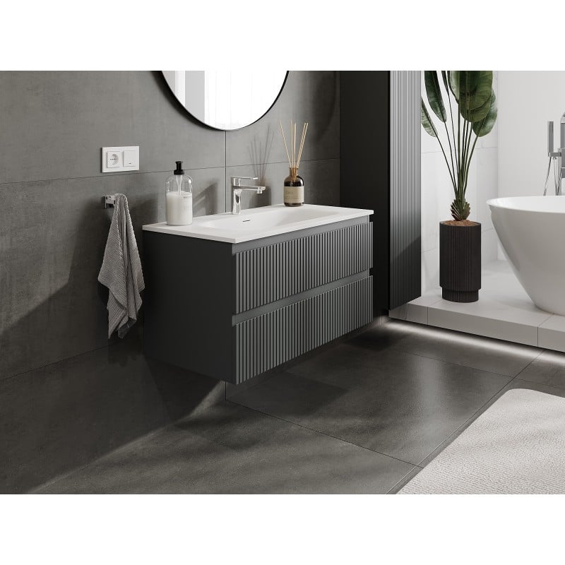 Mexen Rivel meuble de salle de bain 90 cm avec lavabo Vela, 2 tiroirs, rainuré, graphite mat/blanc mat -