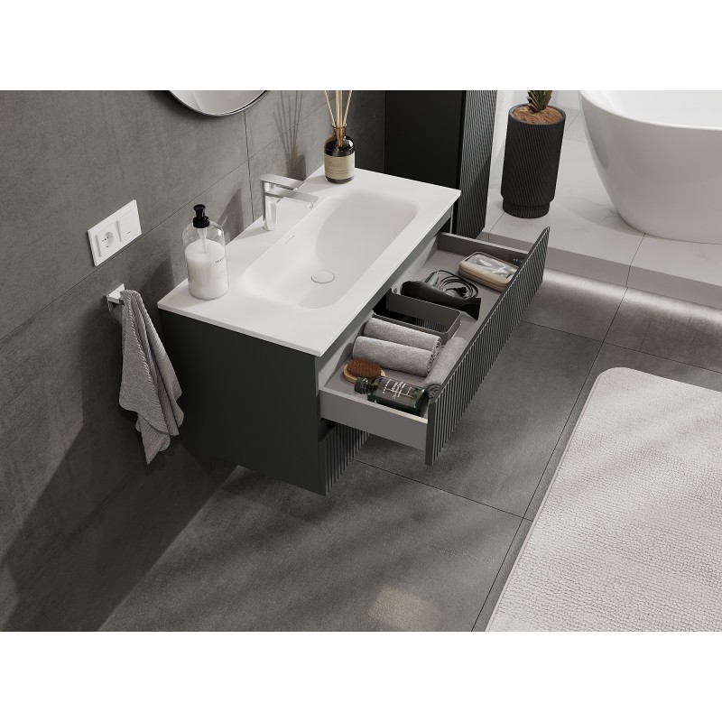 Mexen Rivel meuble de salle de bain 90 cm avec lavabo Vela, 2 tiroirs, rainuré, graphite mat/blanc mat -