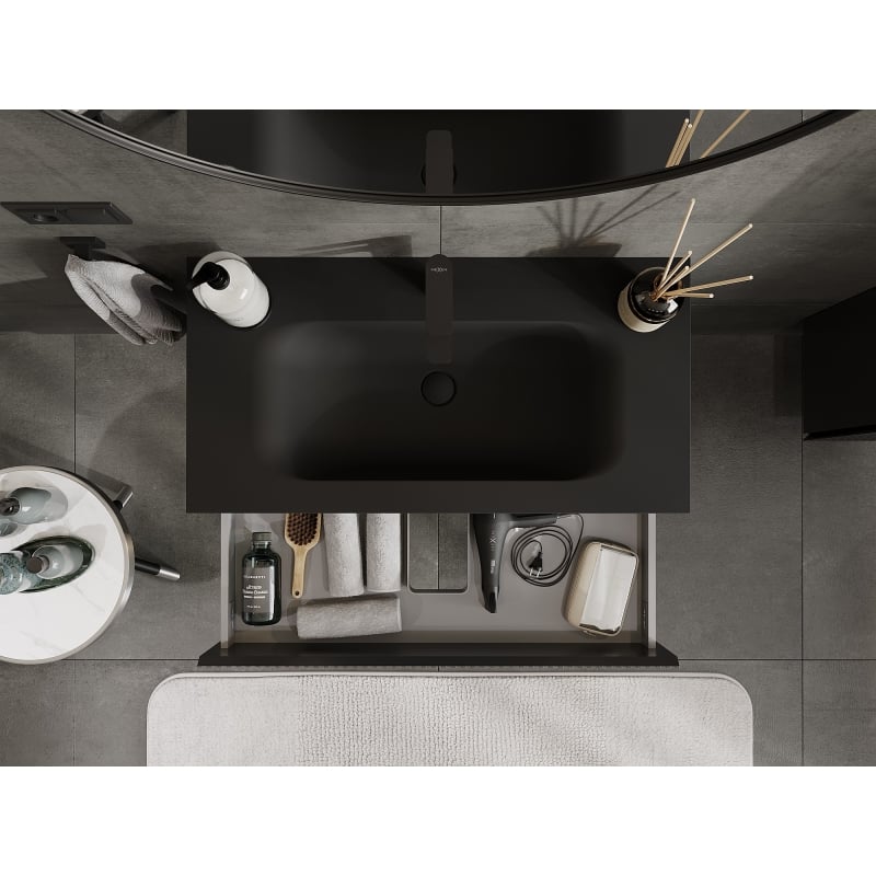 Mexen Rivel meuble de salle de bain 90 cm avec lavabo Vela, 2 tiroirs, cannelé, noir mat - 91A20-09047-2-BFF71-W23M71