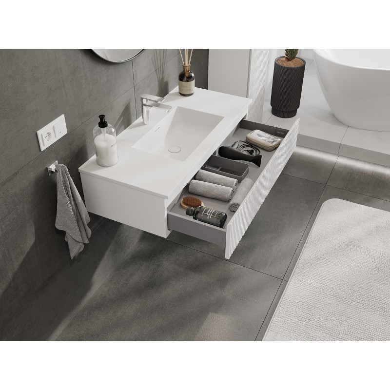 Mexen Rivel meuble de salle de bain 100 cm avec lavabo Otis, 1 tiroir, rainuré, blanc mat - 91A20-10023-1-BF01-W18M01