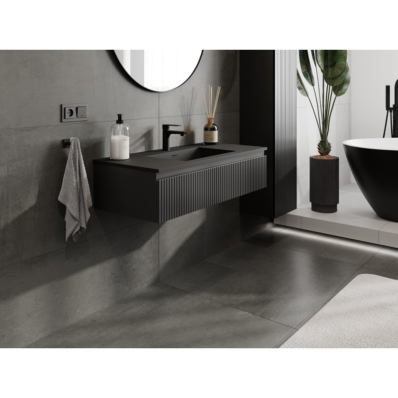 Mexen Rivel armoire de salle de bain 100 cm avec lavabo Otis, 1 tiroir, rainuré, noir mat - 91A20-10023-1-BF71-W18M71