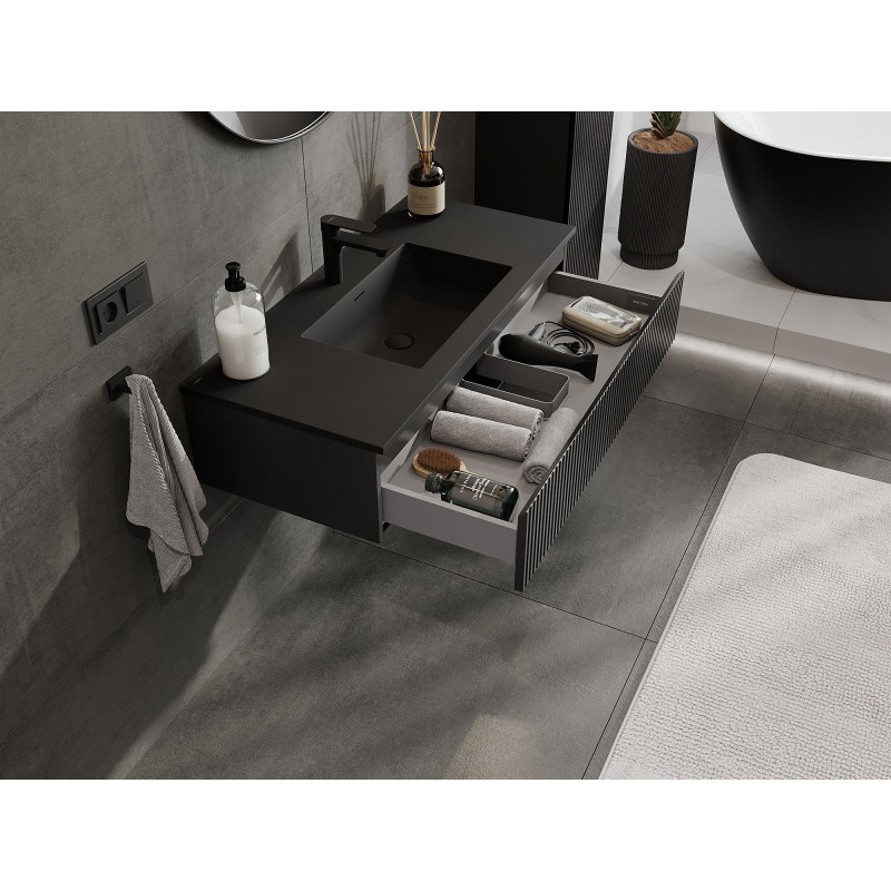 Mexen Rivel armoire de salle de bain 100 cm avec lavabo Otis, 1 tiroir, rainuré, noir mat - 91A20-10023-1-BF71-W18M71