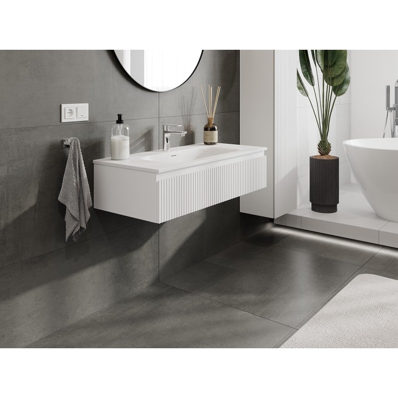 Mexen Rivel meuble de salle de bain 100 cm avec lavabo Vela, 1 tiroir, rainuré, blanc mat - 91A20-10023-1-BF01-W23M01
