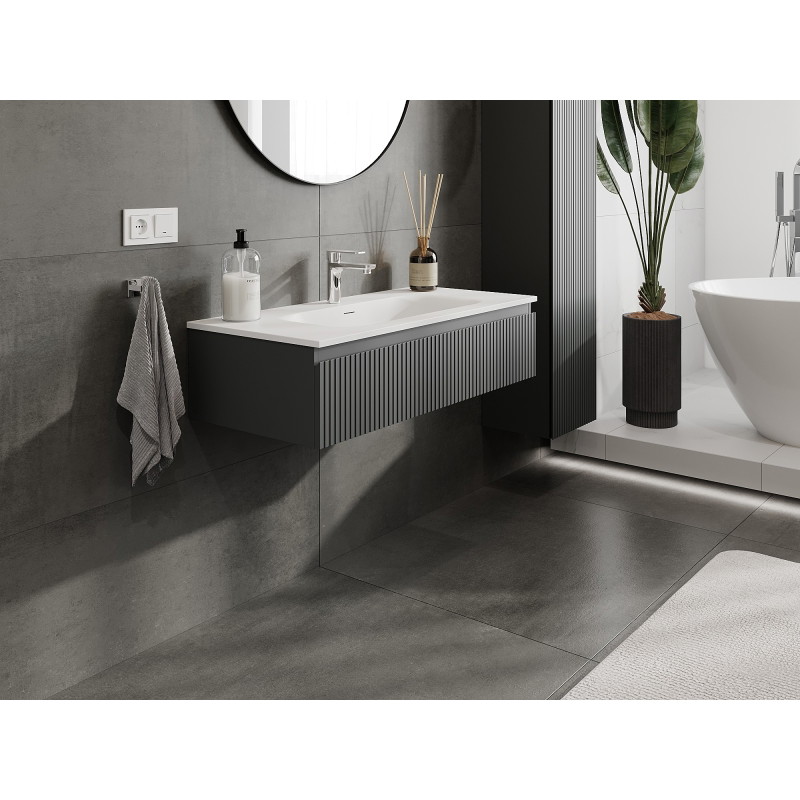 Mexen Rivel armoire de salle de bain 100 cm avec lavabo Vela, 1 tiroir, cannelée, graphite mat/blanc mat