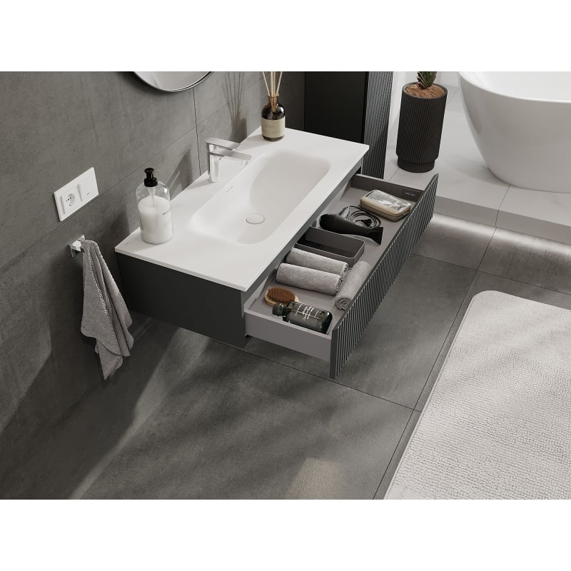 Mexen Rivel armoire de salle de bain 100 cm avec lavabo Vela, 1 tiroir, cannelée, graphite mat/blanc mat
