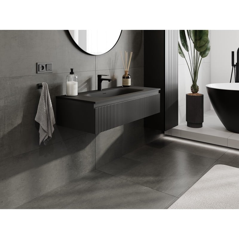Mexen Rivel meuble de salle de bain 100 cm avec lavabo Vela, 1 tiroir, rainuré, noir mat - 91A20-10023-1-BF71-W23M71