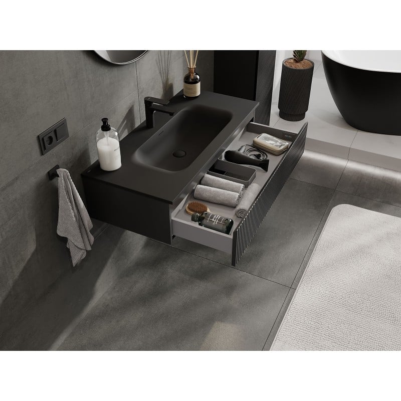 Mexen Rivel meuble de salle de bain 100 cm avec lavabo Vela, 1 tiroir, rainuré, noir mat - 91A20-10023-1-BF71-W23M71