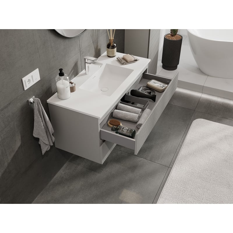 Mexen Rivel meuble de salle de bain 100 cm avec lavabo Otis, 2 tiroirs, rainuré, gris mat/blanc mat