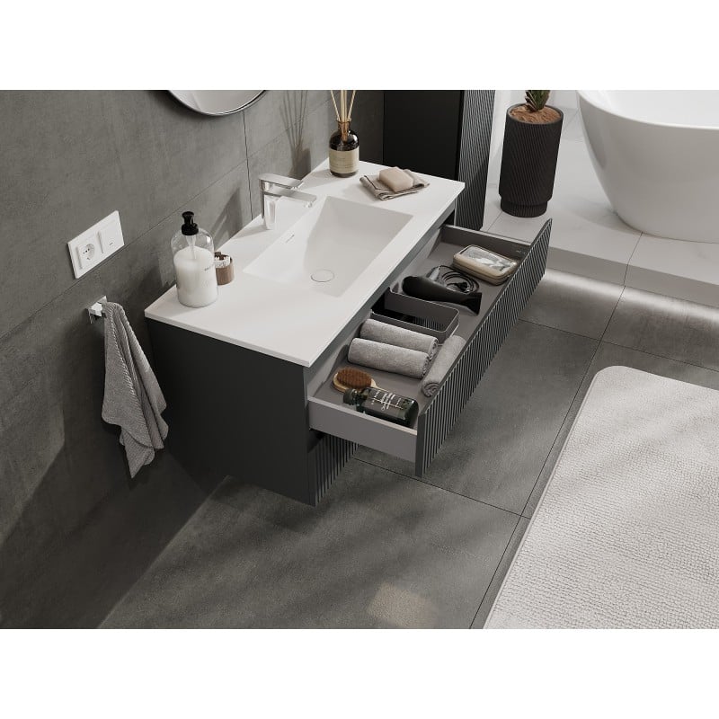 Mexen Rivel armoire de salle de bain 100 cm avec lavabo Otis, 2 tiroirs, cannelée, graphite mat/blanc mat -