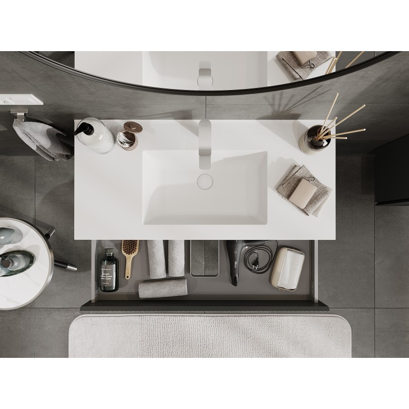 Mexen Rivel armoire de salle de bain 100 cm avec lavabo Otis, 2 tiroirs, cannelée, graphite mat/blanc mat -