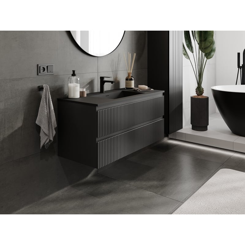 Mexen Rivel meuble de salle de bain 100 cm avec lavabo Otis, 2 tiroirs, rainuré, noir mat - 91A20-10047-2-BFF71-W18M71