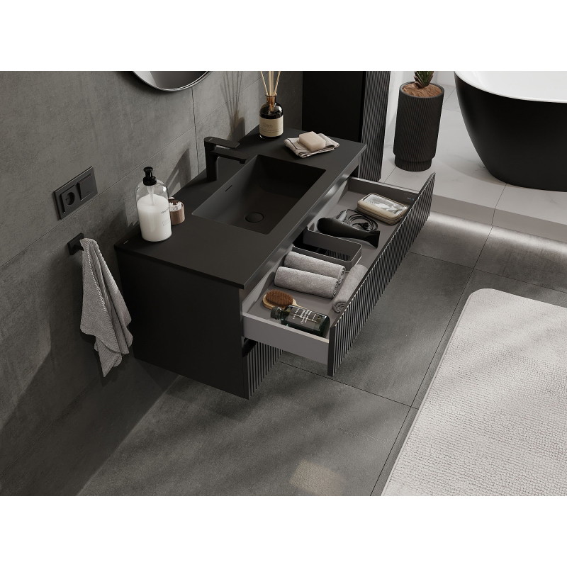 Mexen Rivel meuble de salle de bain 100 cm avec lavabo Otis, 2 tiroirs, rainuré, noir mat - 91A20-10047-2-BFF71-W18M71