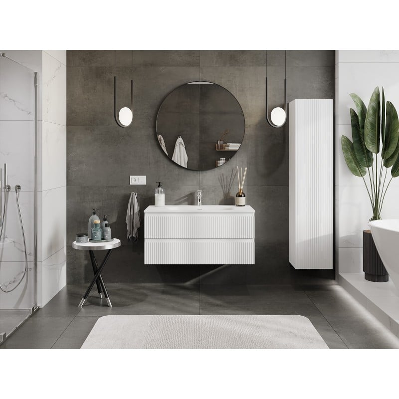 Mexen Rivel meuble de salle de bains 100 cm avec lavabo Vela, 2 tiroirs, rainuré, blanc mat - 91A20-10047-2-BFF01-W23M01