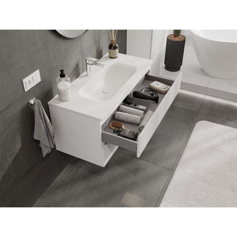 Mexen Rivel meuble de salle de bains 100 cm avec lavabo Vela, 2 tiroirs, rainuré, blanc mat - 91A20-10047-2-BFF01-W23M01