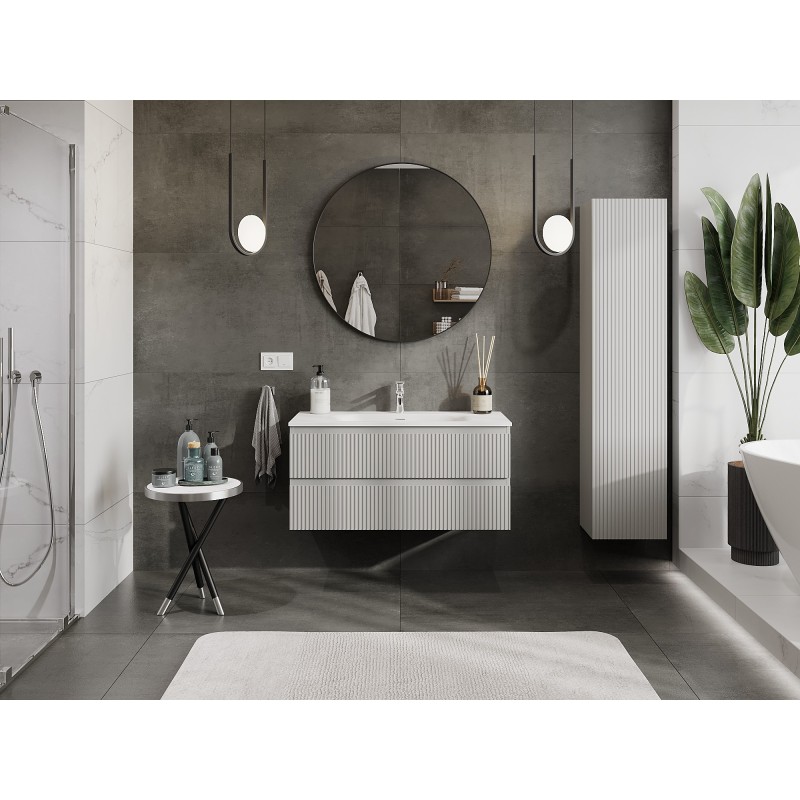 Mexen Rivel meuble de salle de bains 100 cm avec lavabo Vela, 2 tiroirs, cannelé, gris mat/blanc mat