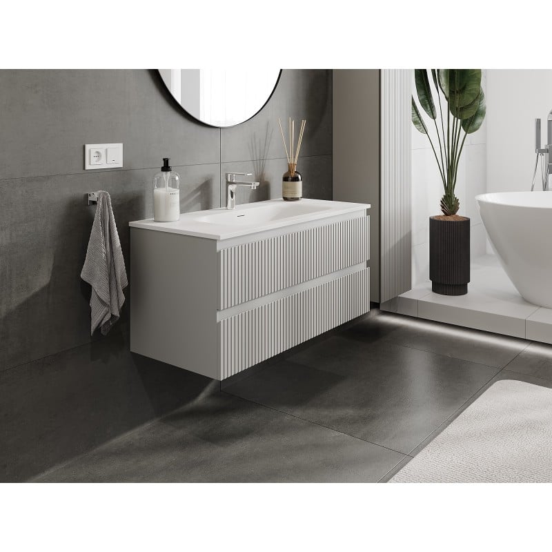 Mexen Rivel meuble de salle de bains 100 cm avec lavabo Vela, 2 tiroirs, cannelé, gris mat/blanc mat