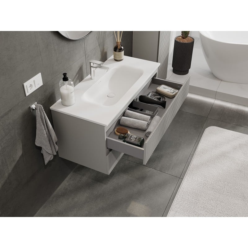 Mexen Rivel meuble de salle de bains 100 cm avec lavabo Vela, 2 tiroirs, cannelé, gris mat/blanc mat