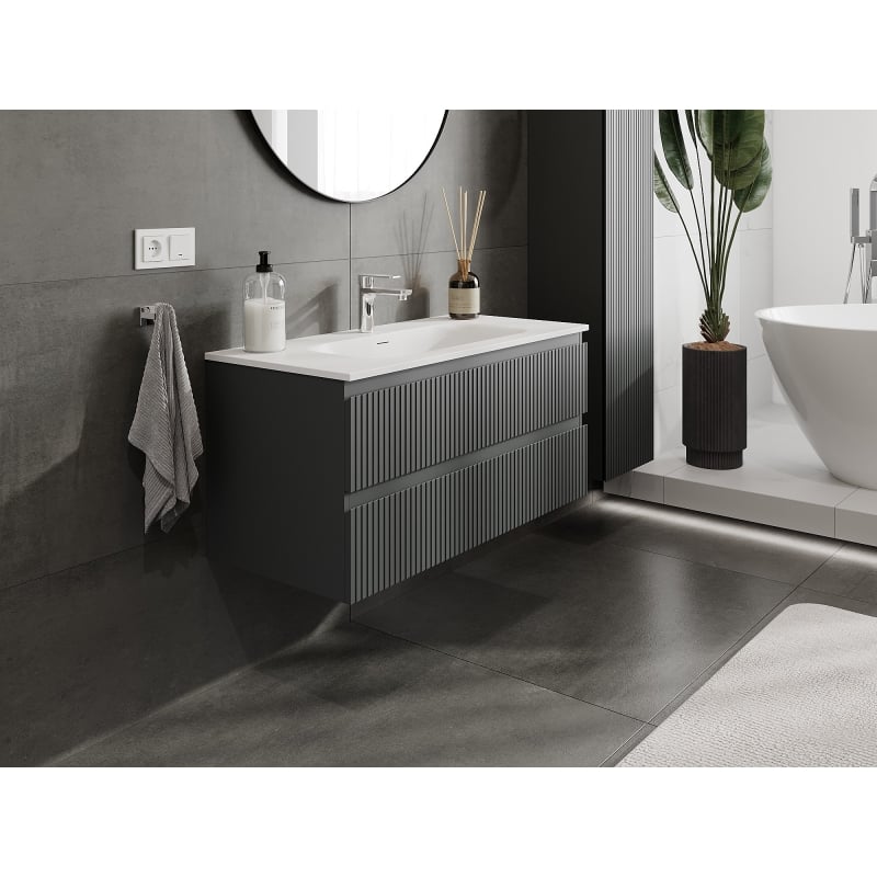 Mexen Rivel meuble de salle de bains 100 cm avec lavabo Vela, 2 tiroirs, rainuré, graphite mat/blanc mat -