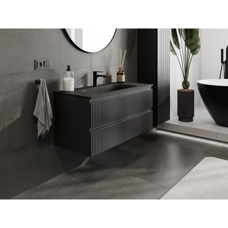 Mexen Rivel meuble de salle de bain 100 cm avec lavabo Vela, 2 tiroirs, rainuré, noir mat - 91A20-10047-2-BFF71-W23M71