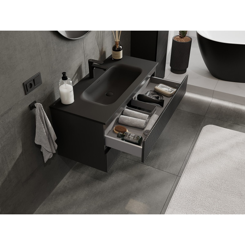 Mexen Rivel armoire de salle de bain 100 cm avec lavabo Vela, 2 tiroirs, rainurée, noire mate - 91A20-10047-2-BFF71-W23M71