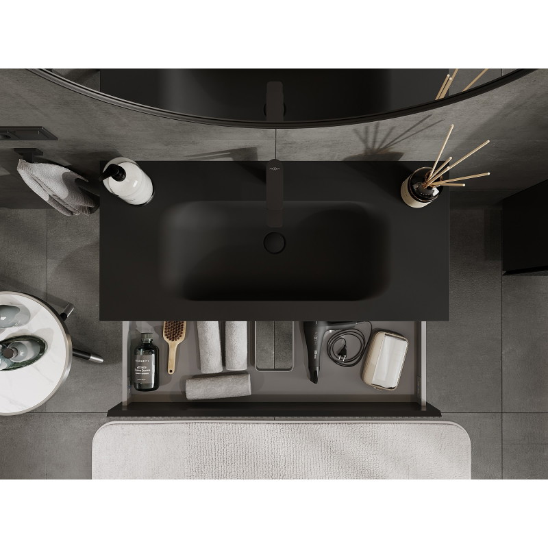 Mexen Rivel armoire de salle de bain 100 cm avec lavabo Vela, 2 tiroirs, rainurée, noire mate - 91A20-10047-2-BFF71-W23M71
