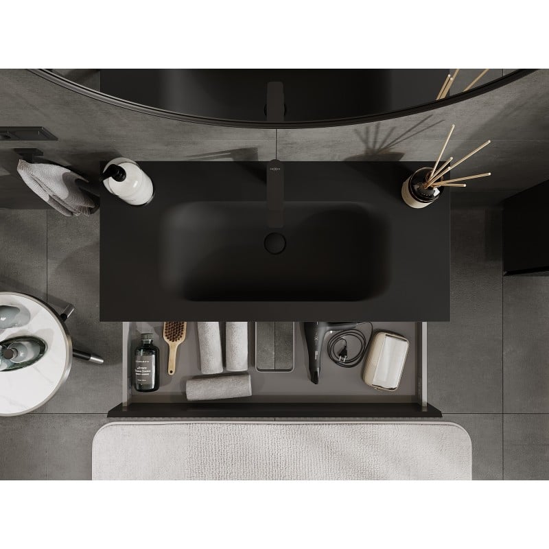 Mexen Rivel meuble de salle de bain 100 cm avec lavabo Vela, 2 tiroirs, rainuré, noir mat - 91A20-10047-2-BFF71-W23M71