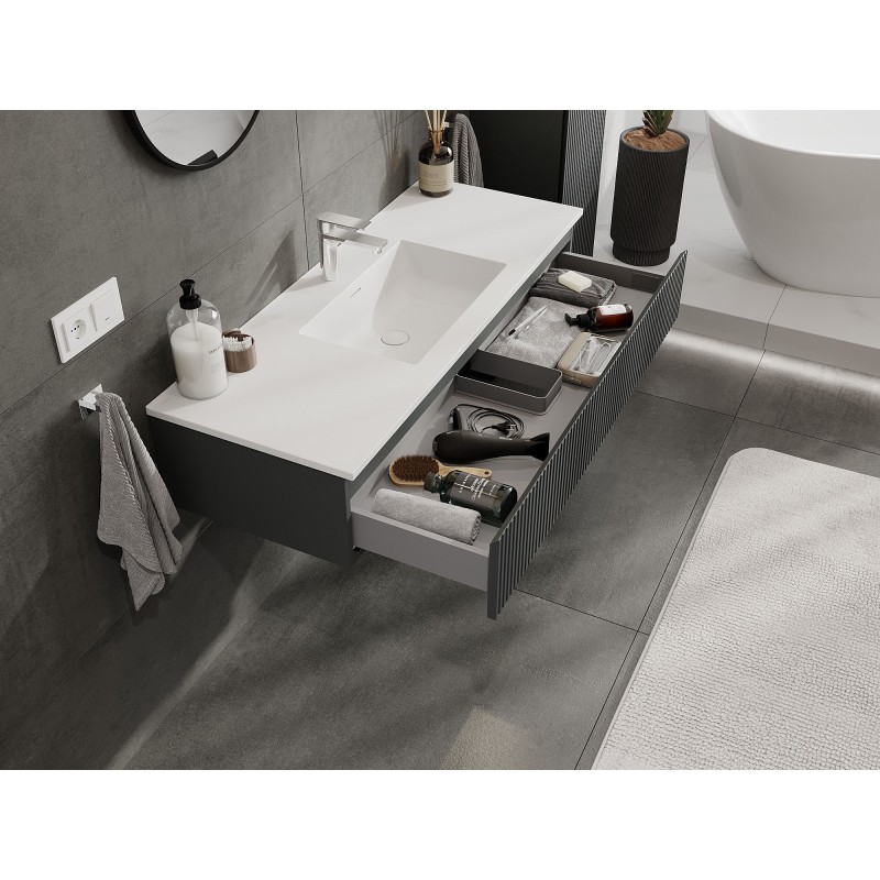 Mexen Rivel armoire de salle de bain 120 cm avec lavabo Otis, 1 tiroir, rainurée, graphite mat/blanc mat -