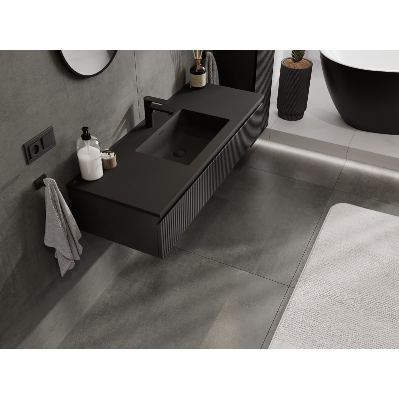 Mexen Rivel meuble de salle de bains 120 cm avec lavabo Otis, 1 tiroir, rainuré, noir mat - 91A20-12023-1-BF71-W18M71