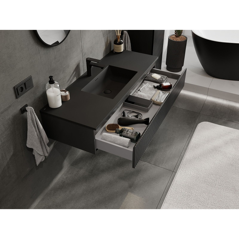 Mexen Rivel meuble de salle de bains 120 cm avec lavabo Otis, 1 tiroir, rainuré, noir mat - 91A20-12023-1-BF71-W18M71