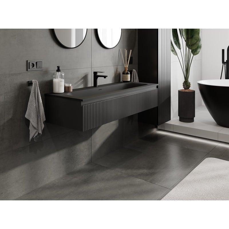 Mexen Rivel meuble de salle de bain 120 cm avec lavabo Vela, 1 tiroir, rainuré, noir mat - 91A20-12023-1-BF71-W23M71