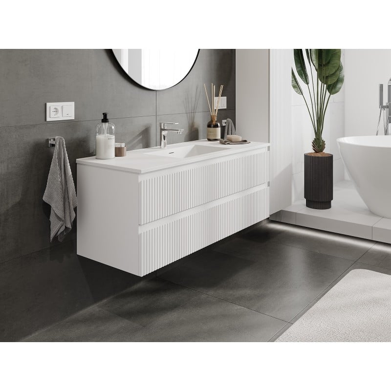 Mexen Rivel meuble de salle de bain 120 cm avec lavabo Otis, 2 tiroirs, rainuré, blanc mat - 91A20-12047-2-BFF01-W18M01