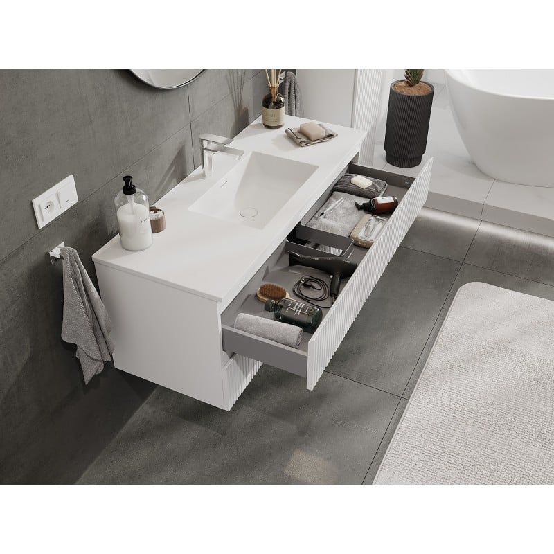 Mexen Rivel meuble de salle de bain 120 cm avec lavabo Otis, 2 tiroirs, rainuré, blanc mat - 91A20-12047-2-BFF01-W18M01