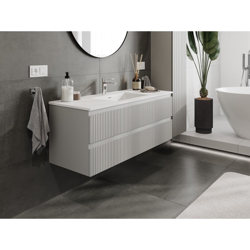 Mexen Rivel meuble de salle de bain 120 cm avec lavabo Otis, 2 tiroirs, rainuré, gris mat/blanc mat - 91A20-12047-2-BFF62-W18M0