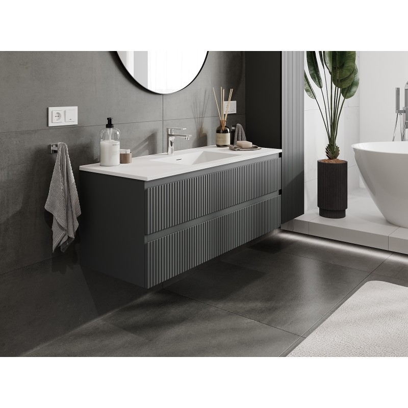 Mexen Rivel meuble de salle de bain 120 cm avec lavabo Otis, 2 tiroirs, rainuré, graphite mat/blanc mat -