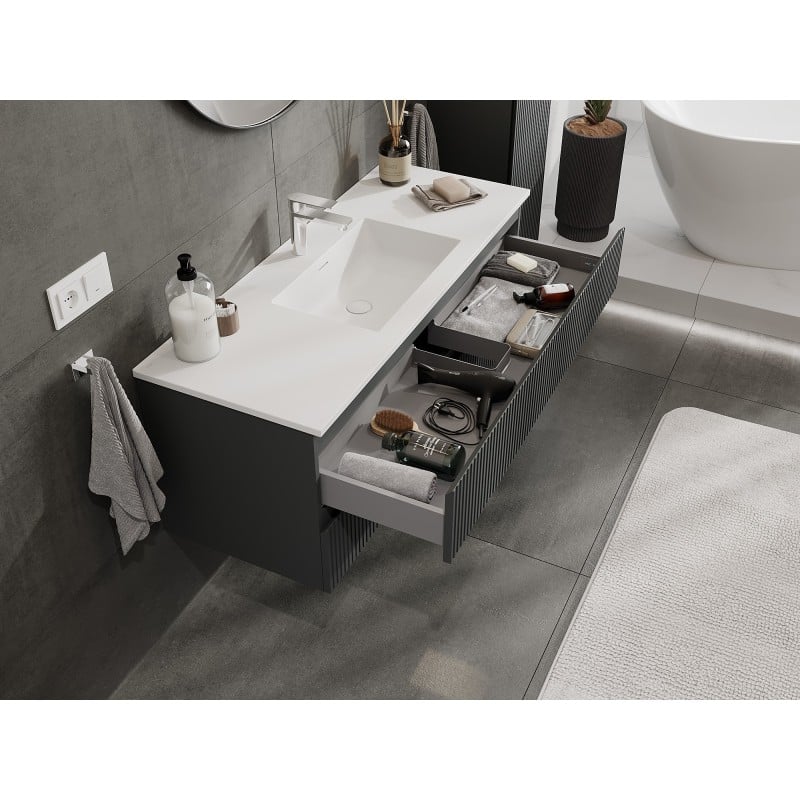 Mexen Rivel meuble de salle de bain 120 cm avec lavabo Otis, 2 tiroirs, rainuré, graphite mat/blanc mat -