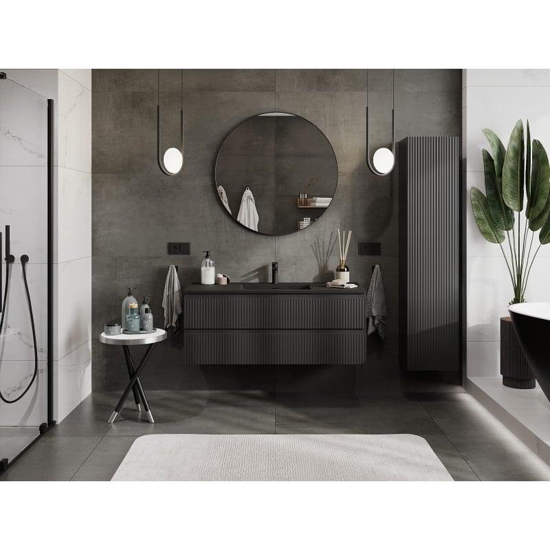 Mexen Rivel meuble de salle de bain 120 cm avec lavabo Otis, 2 tiroirs, rainuré, noir mat - 91A20-12047-2-BFF71-W18M71