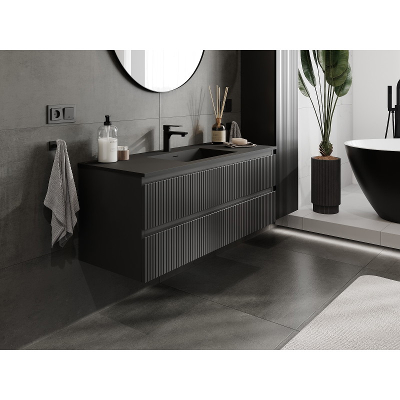 Mexen Rivel armoire de salle de bain 120 cm avec lavabo Otis, 2 tiroirs, rainurée, noir mat - 91A20-12047-2-BFF71-W18M71