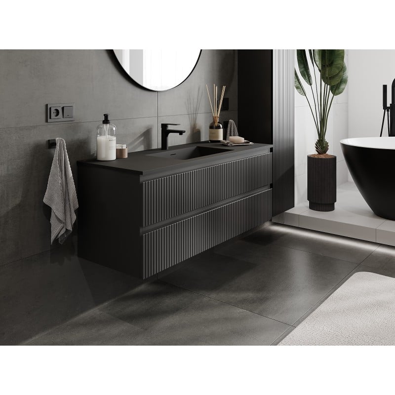 Mexen Rivel meuble de salle de bain 120 cm avec lavabo Otis, 2 tiroirs, rainuré, noir mat - 91A20-12047-2-BFF71-W18M71