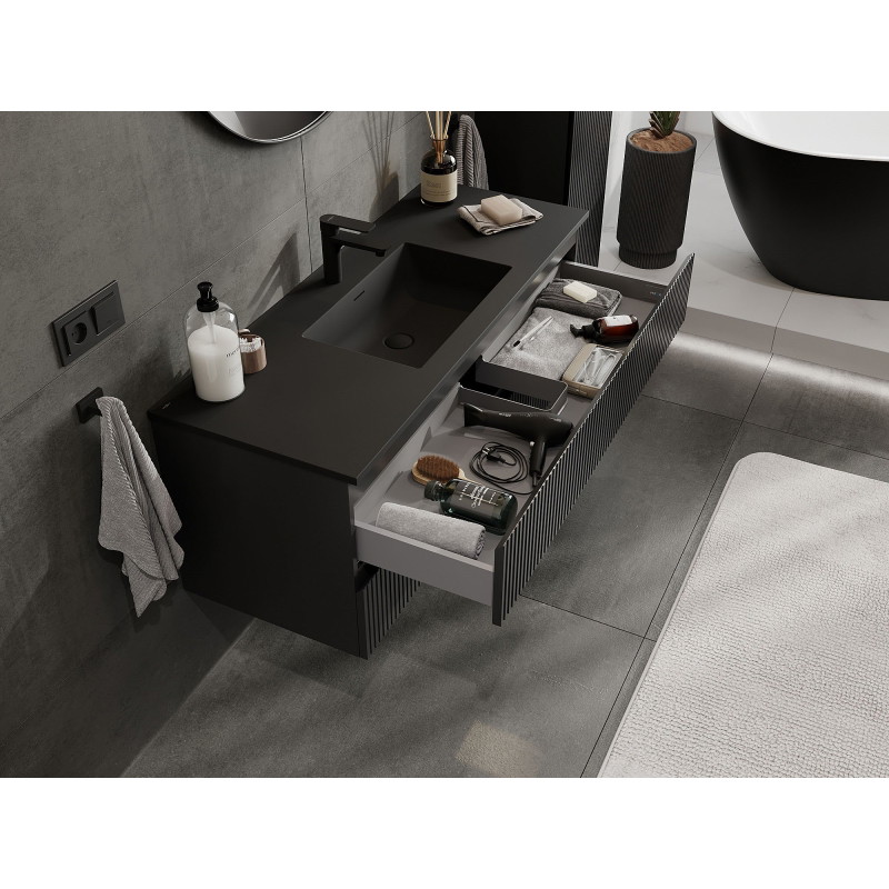 Mexen Rivel armoire de salle de bain 120 cm avec lavabo Otis, 2 tiroirs, rainurée, noir mat - 91A20-12047-2-BFF71-W18M71