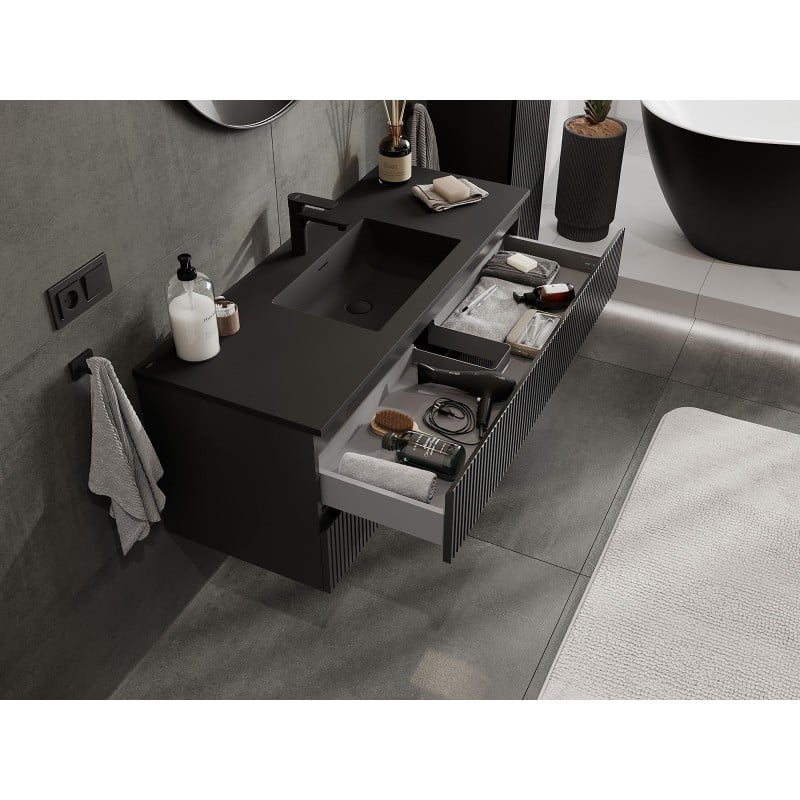 Mexen Rivel meuble de salle de bain 120 cm avec lavabo Otis, 2 tiroirs, rainuré, noir mat - 91A20-12047-2-BFF71-W18M71