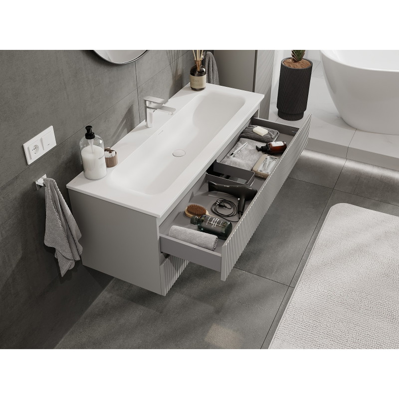 Mexen Rivel meuble de salle de bains 120 cm avec lavabo Vela, 2 tiroirs, rainuré, gris mat/blanc mat -