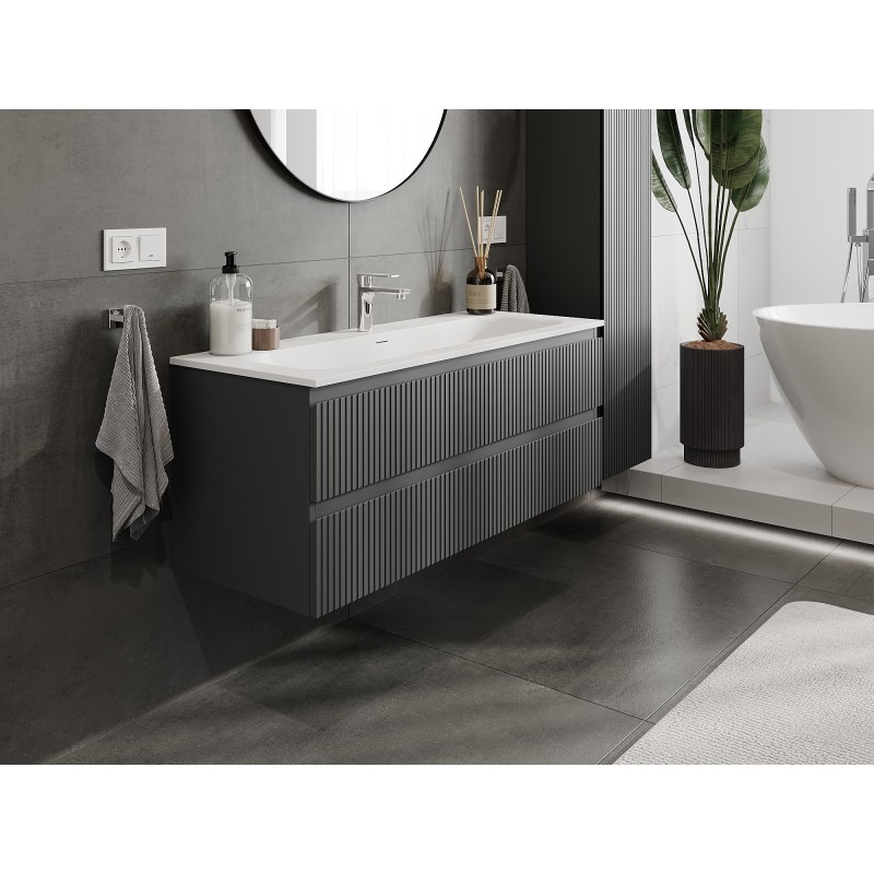 Mexen Rivel meuble de salle de bain 120 cm avec lavabo Vela, 2 tiroirs, cannelé, graphite mat/blanc mat -