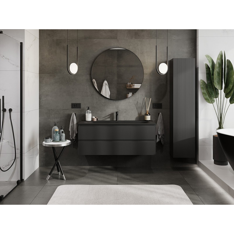 Mexen Rivel armoire de salle de bain 120 cm avec lavabo Vela, 2 tiroirs, cannelée, noir mat - 91A20-12047-2-BFF71-W23M71