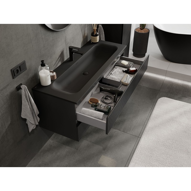 Mexen Rivel meuble de salle de bain 120 cm avec lavabo Vela, 2 tiroirs, rainuré, noir mat - 91A20-12047-2-BFF71-W23M71