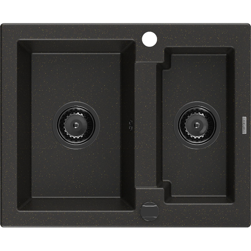 Mexen Carlos évier en granit 1,5 bac 582 x 475 mm, noir/or métallique, siphon noir - 6518581500-75-B