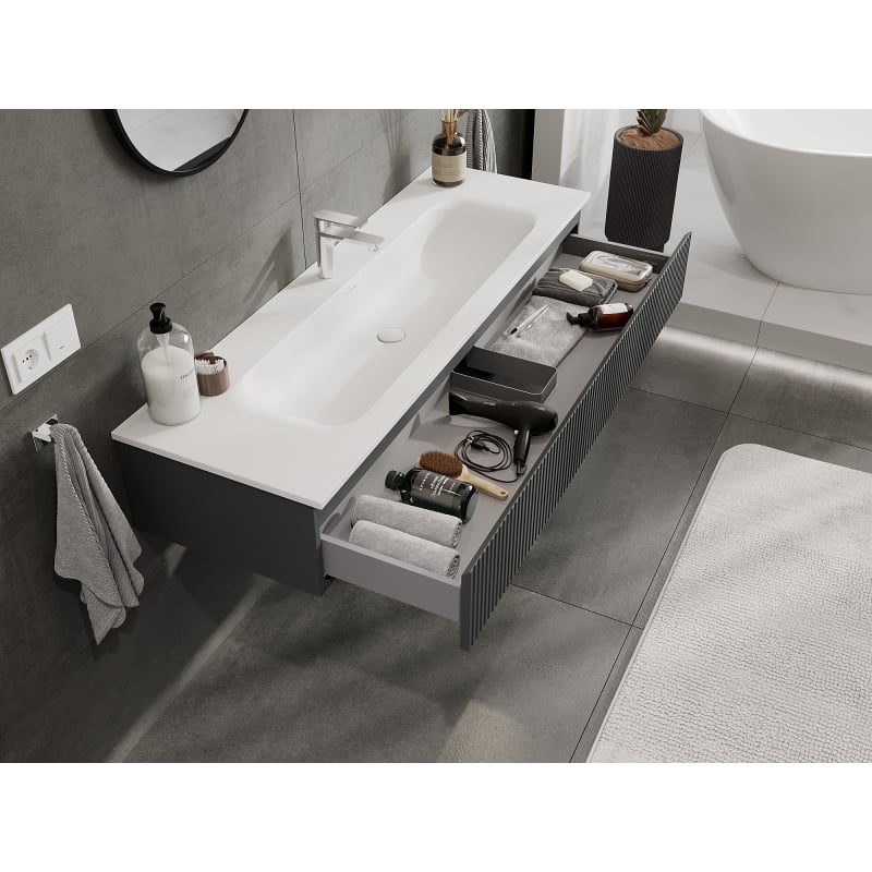 Mexen Rivel meuble de salle de bain 140 cm avec lavabo Vela, 1 tiroir, rainuré, graphite mat/blanc mat -