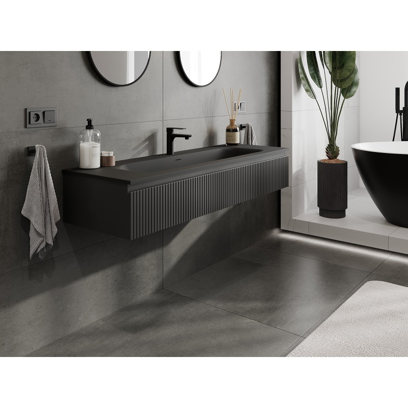 Mexen Rivel armoire de salle de bain 140 cm avec lavabo Vela, 1 tiroir, rainuré, noir mat - 91A20-14023-1-BF71-W23M71