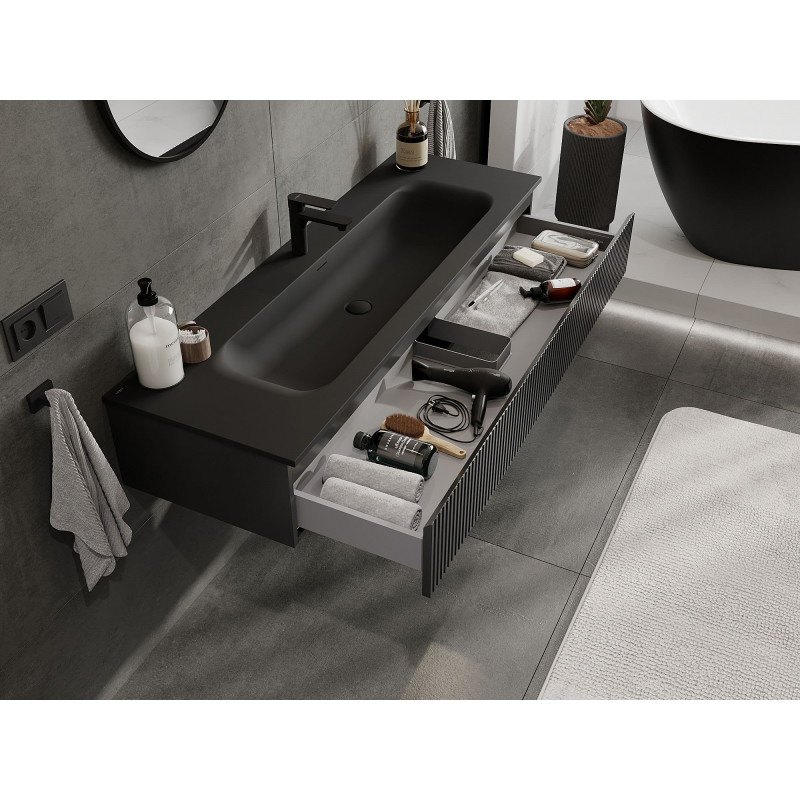 Mexen Rivel armoire de salle de bain 140 cm avec lavabo Vela, 1 tiroir, rainuré, noir mat - 91A20-14023-1-BF71-W23M71