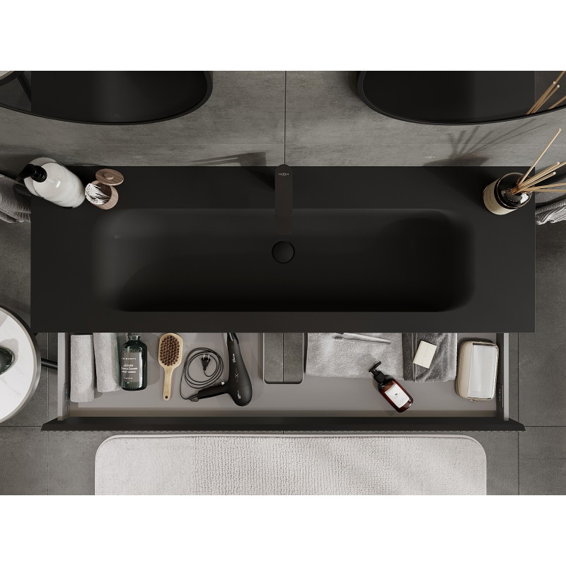 Mexen Rivel armoire de salle de bain 140 cm avec lavabo Vela, 1 tiroir, rainuré, noir mat - 91A20-14023-1-BF71-W23M71